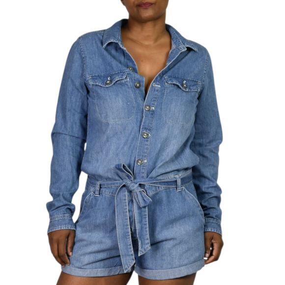 Free People Rivet Romper Blue Chambray Denim Cuffed Short Long Sleeve Belt Small - Picture 1 of 15
